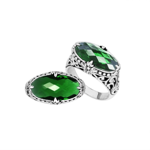 Gemstone Rings Bali Sterling Silver Ring with Green Quartz Gemstone Size 8